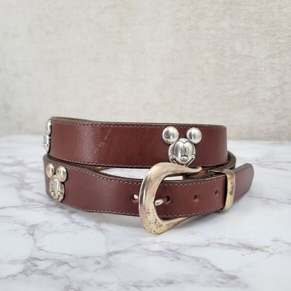 Brighton x Disney Vintage 90s Brown Leather Belt with Silver Mickey Mouse Concho - Picture 1 of 14